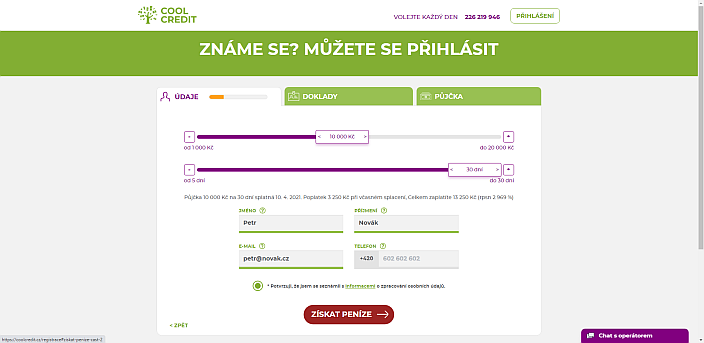 Žádost o půjčku Cool Credit - vyplňte požadované údaje