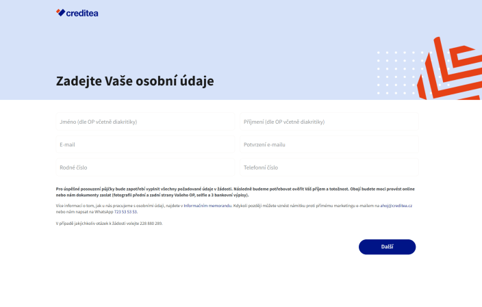 Žádost o půjčku od Creditea - vyplňte požadované údaje
