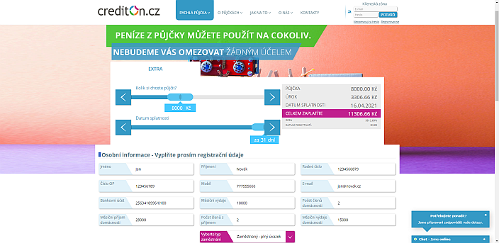 Žádost o půjčku CreditOn - vyplňte požadované údaje