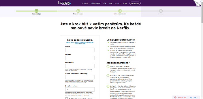 Žádost o půjčku Razdva - vyplňte požadované údaje