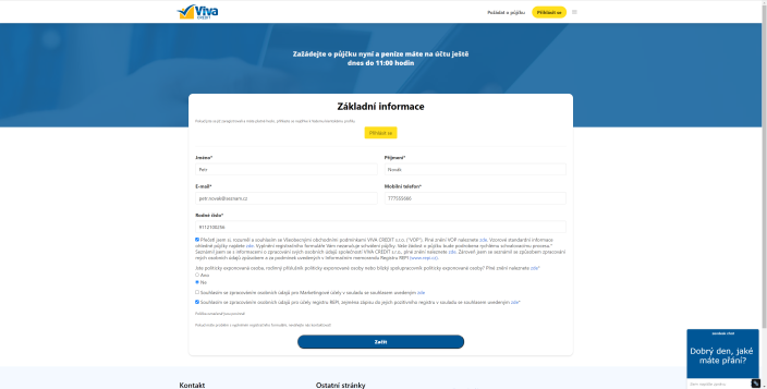 Žádost o půjčku od Viva Credit - vyplňte základní osobní údaje
