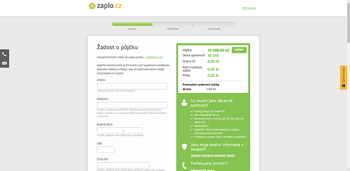 Žádost o půjčku Zaplo - vyplňte požadované údaje